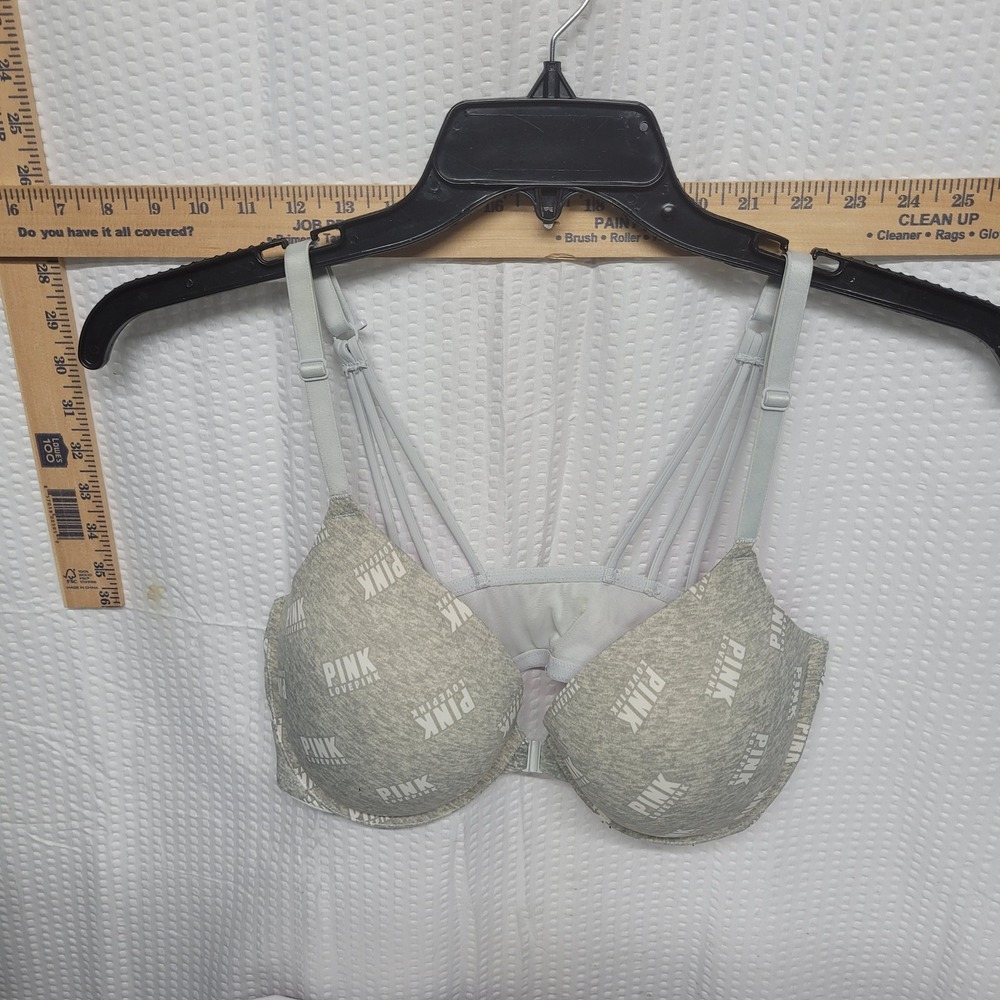 Victoria's Secret PINK Wear Everywhere Push Up Bra Gray Logo Strappy 36D